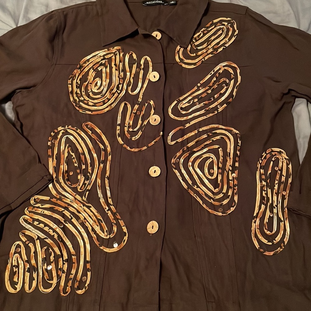 Notations embroidered button down top - Picture 2 of 7